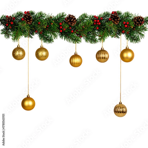 Fototapeta Festive Garland Ornament: A captivating garland adorned with golden ornaments and natural accents, exuding the festive spirit of holiday celebrations, a harmonious blend of elegance and cheer.
