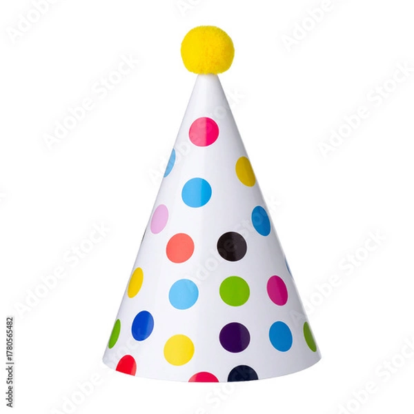 Obraz Colorful Party Hat: A vibrant party hat, adorned with a spectrum of polka dots, stands as a cheerful symbol of celebration and festive fun.