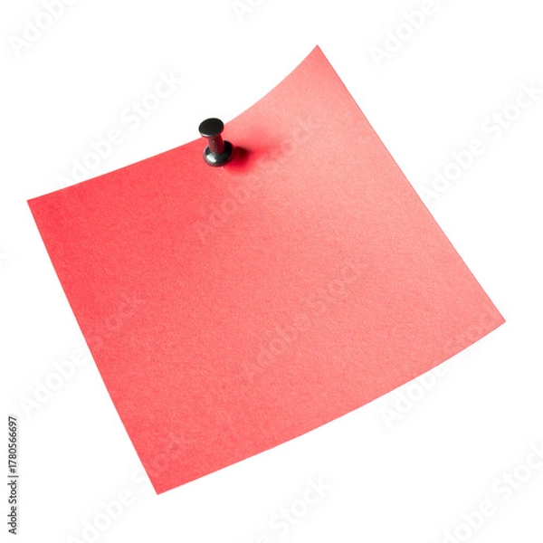 Fototapeta Red Memo Pad: A blank red memo pad, pinned securely by a pushpin, offers a sense of anticipation and the possibility of fresh starts. The clean surface is ready to capture thoughts, ideas.