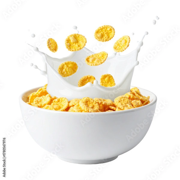 Fototapeta Breakfast Symphony: A captivating visual of golden cereal flakes in the air as they interact with the flowing splash of fresh, creamy milk, all within a pristine white bowl.
