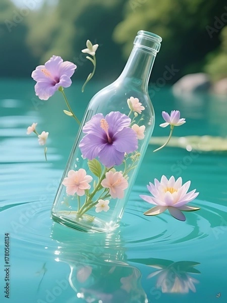 Fototapeta A glass bottle floating on calm teal water, with pastel flowers blooming inside