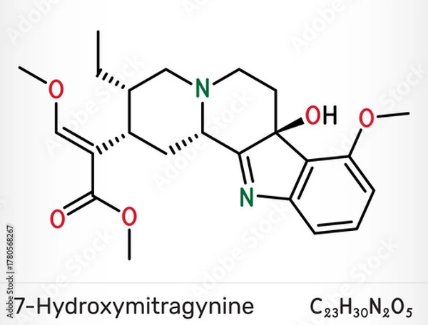 Fototapeta 7-Hydroxymitragynine indole alkaloid from kratom. Chemical structure. Vector illustration