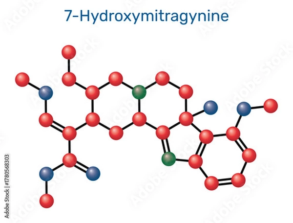 Fototapeta 7-Hydroxymitragynine indole alkaloid from kratom. Chemical structure. Molecular model. Vector Illustration