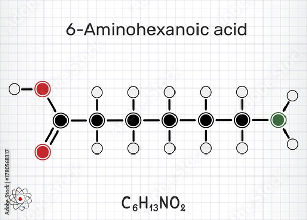 Fototapeta 6-Aminohexanoic acid, aminocaproic acid, EACA molecule. Antifibrinolytic drug and lysine analog. Sheet of paper in a cage. Vector illustration
