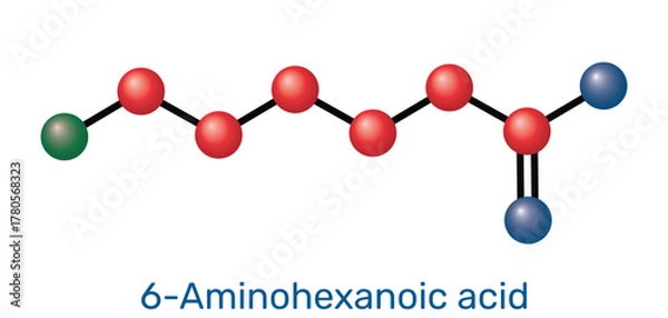 Fototapeta 6-Aminohexanoic acid, aminocaproic acid, EACA molecule. Antifibrinolytic drug and lysine analog. Molecular model. Vector Illustration