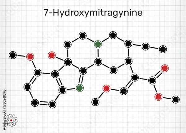 Fototapeta 7-Hydroxymitragynine indole alkaloid from kratom. Sheet of paper in a cage. Chemical structure. Vector illustration