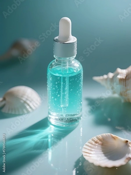 Fototapeta A bottle of essential oil, clear glass with turquoise liquid