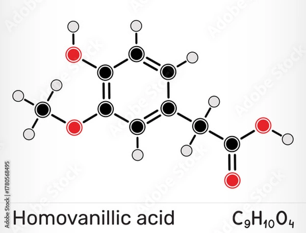 Fototapeta Homovanillic acid, HVA molecule. Dopamine metabolite and catechol compound. Vector illustration