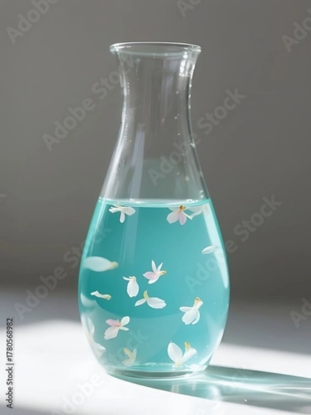 Fototapeta A glass vase, half-filled with translucent turquoise water