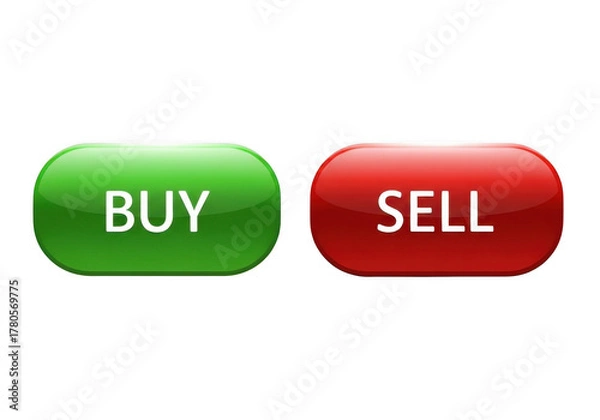 Obraz 3D illustration of isolated buy and sell buttons on transparent background, which are financial transactions. 3D green buy button and red sell button