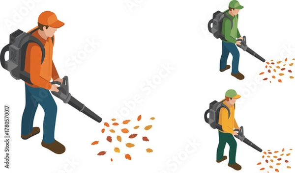Obraz Isometric illustration of workers cleaning autumn leaves using leaf blowers, seasonal maintenance concept, professional landscape service equipment, vector design