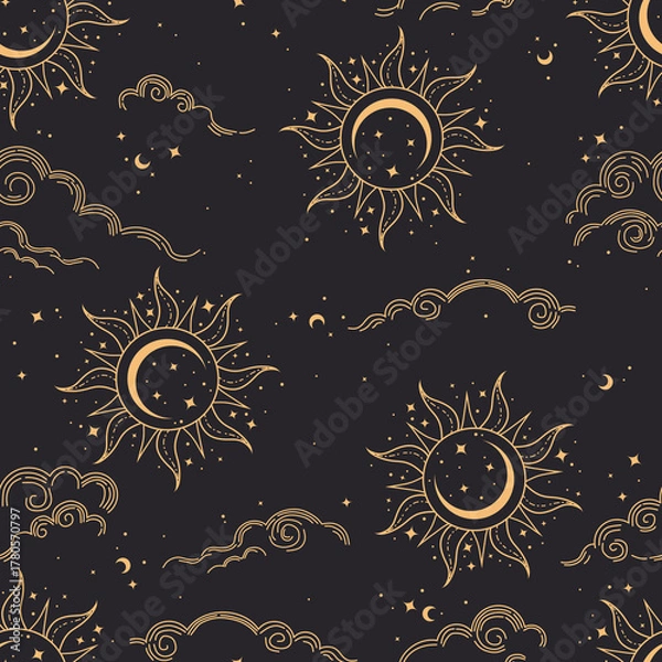 Fototapeta Vector seamless pattern with sun and clouds. Mystical esoteric background for design of fabric, packaging, astrology, phone case, wrapping paper.