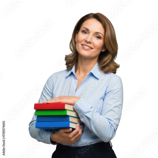 Fototapeta A smiling woman in a blue shirt holds a stack of colorful books, looking at the camera.