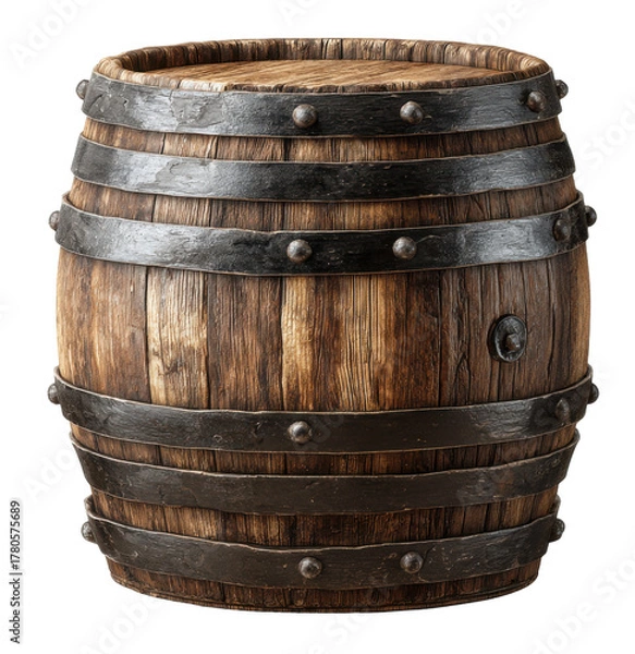 Fototapeta A detailed image of a wooden barrel with metal bands, showing its aged texture and design.