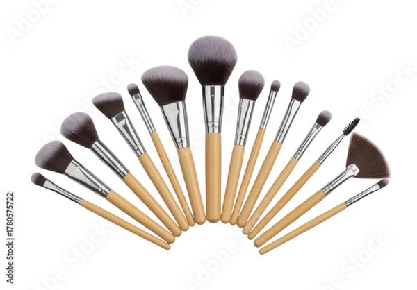 Obraz A collection of various makeup brushes arranged in a semi-circular fan shape.