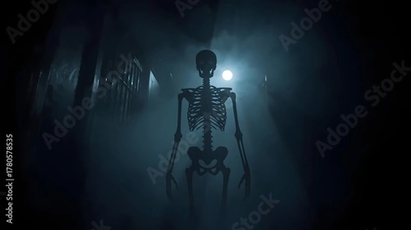 Fototapeta Shadowy blurred silhouette of a creepy skeleton standing in a dark foggy hallway