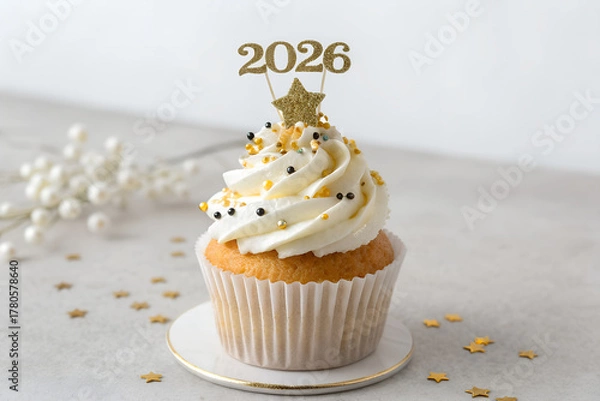 Obraz Festive cupcake with gold glitter 2026 topper, white frosting, black and gold sprinkles, star confetti, pearls, and elegant celebration theme generative ai
