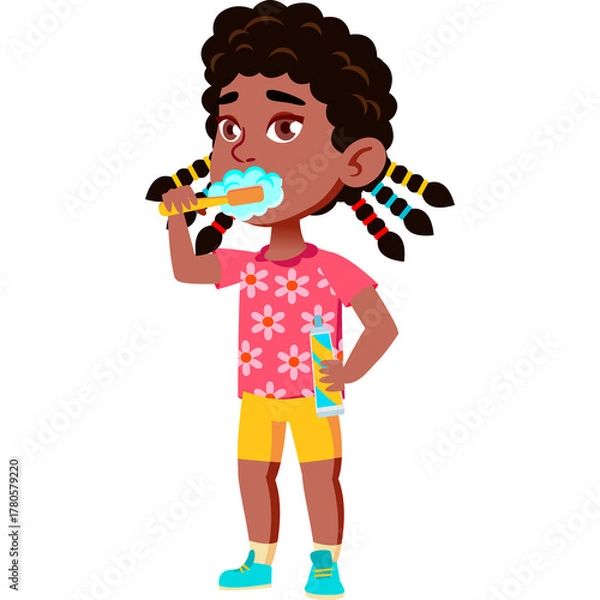 Fototapeta Young Girl With Braids Brushing Teeth With Toothbrush And Toothpaste In Casual Outfit Having Fun