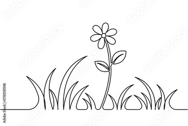 Fototapeta Simple grass and flower continuous line art on white background design
