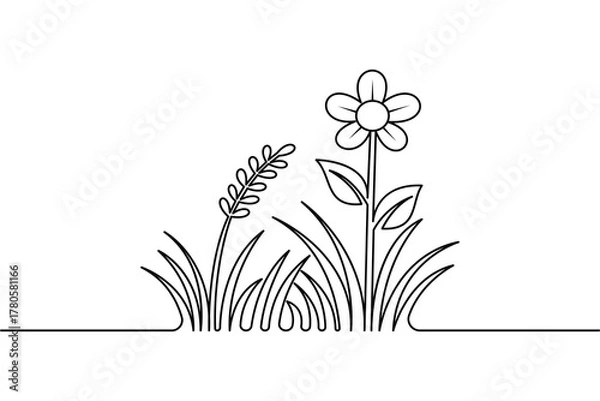 Obraz Grass and flower one line drawing minimalist style outline vector illustration
