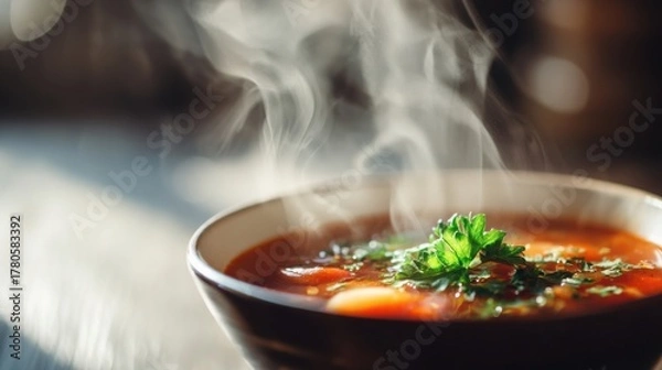 Fototapeta close up of steaming soup garnished with parsley, evoking warmth, comfort, and homemade culinary freshness, soft natural light, shallow depth