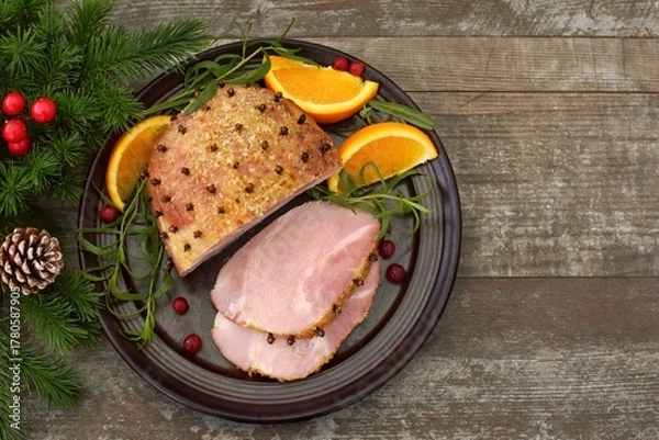 Fototapeta  Delicious boiled pork. Christmas food. View from above.