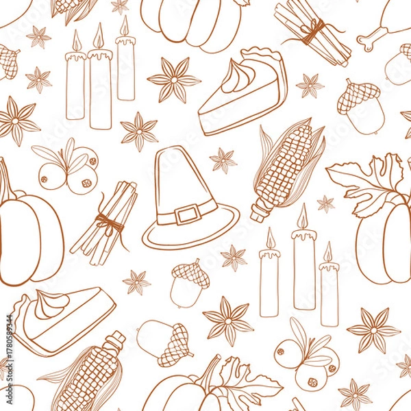 Fototapeta Seamless Thanksgiving pattern with pumpkins, corn, pies, candles, acorns, cranberries, star anise, and pilgrim hats. Festive design for  textiles, packaging, wrapping, scrapbooking and party decor.