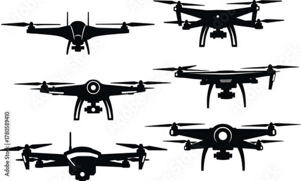 Fototapeta Quadcopter drone silhouette set, black vector illustration, aerial photography UAV designs, camera-mounted drones, propeller configuration comparison pack