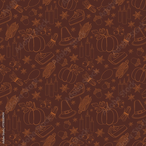 Obraz Seamless Thanksgiving pattern with pumpkins, corn, pies, candles, acorns, cranberries, star anise, and pilgrim hats. Festive design for  textiles, packaging, wrapping, scrapbooking and party decor.