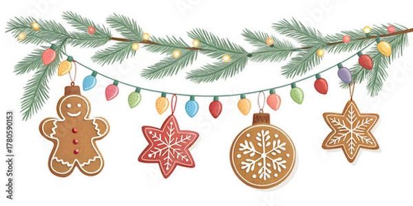 Fototapeta Christmas garland with lights, baubles, gingerbread cookies, and pine branches isolated on white background.