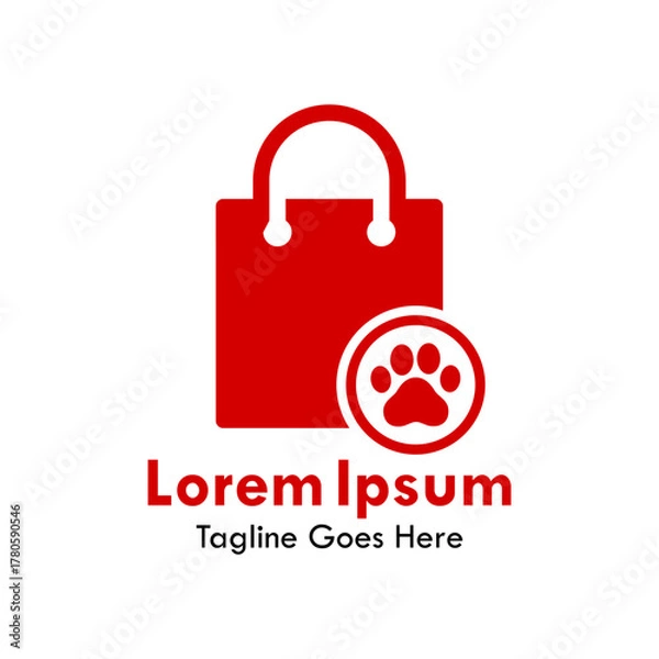 Fototapeta Pet shop logo. A red shopping bag icon with a white paw print. Simple, bold design for a pet store, animal supplies, retail, or grooming business.