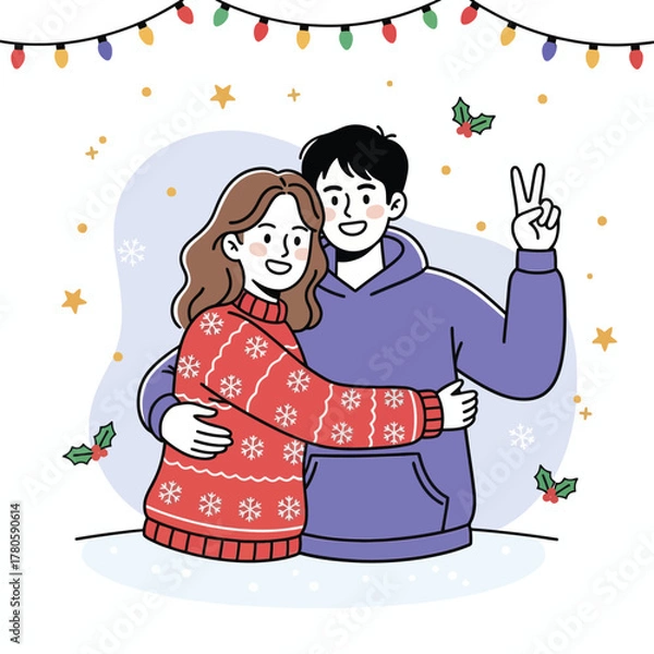 Fototapeta Happy young couple hugging and celebrating winter holidays illustration