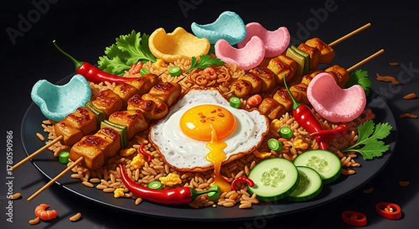 Fototapeta Delicious Nasi Goreng with Satay Skewers and Fresh Vegetables on a Dark Background