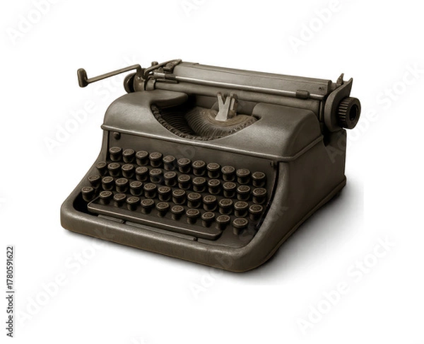 Obraz Vintage antique mechanical typewriter with black keys and metal casing isolated on a dark background