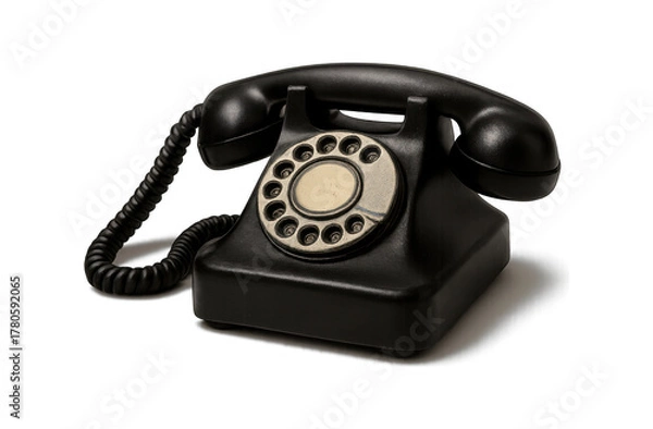 Obraz Classic black rotary dial telephone with coiled cord isolated on a dark background vintage communication device