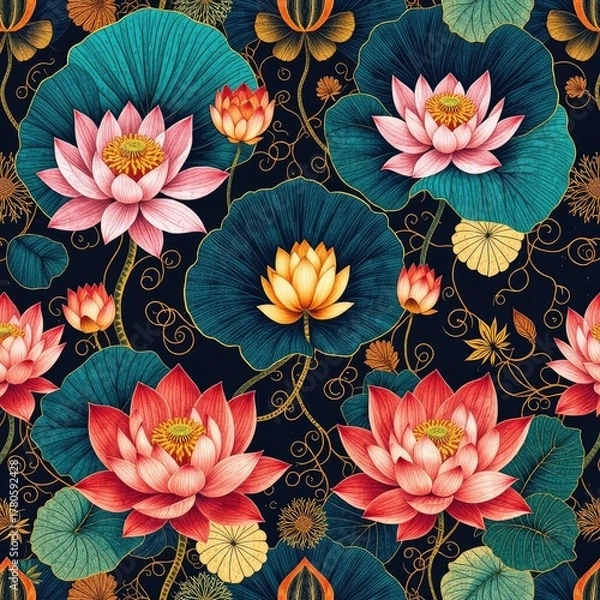 Fototapeta Lotus patten,Traditional Indian Folk Art Seamless Pattern with Lotus Flowers and Lily Pads. Ethnic Floral Background on Dark Blue.