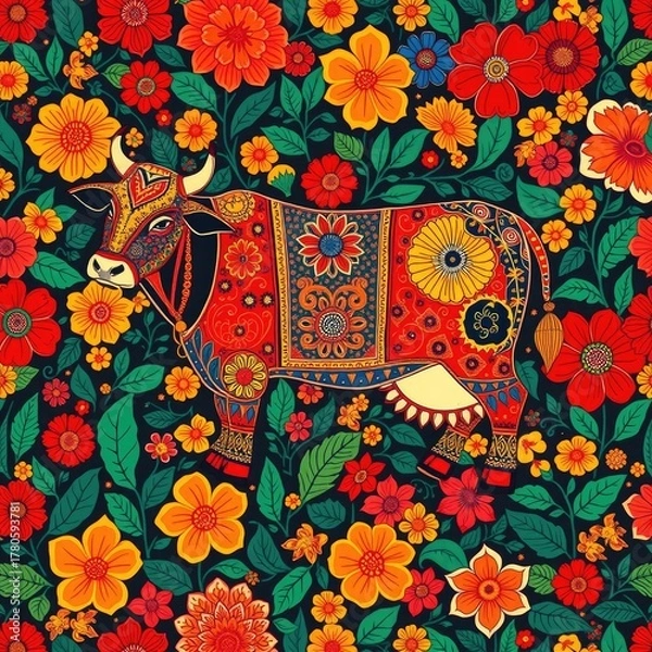 Obraz Cow patten, Vibrant Folk Art Cow and Floral Seamless Pattern. Bohemian Ethnic Style Design with Flower Crown.