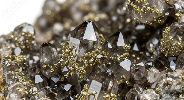 Fototapeta Closeup of a smoky quartz crystal cluster with pyrite inclusions