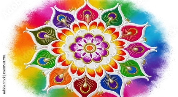 Fototapeta Intricate and colorful rangoli design made with colored powder, symbolizing good luck and prosperity