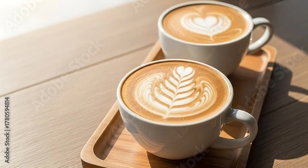 Fototapeta Two cups of latte with artful foam designs on a wooden tray