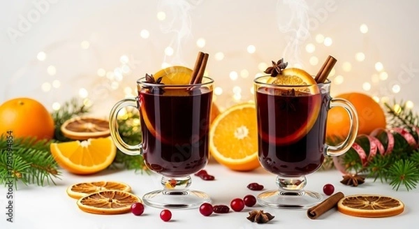 Fototapeta Two glasses of mulled wine with orange slices and cinnamon sticks