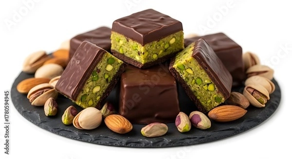 Fototapeta Delicious chocolatecovered pistachio squares surrounded by nuts, isolated on white background
