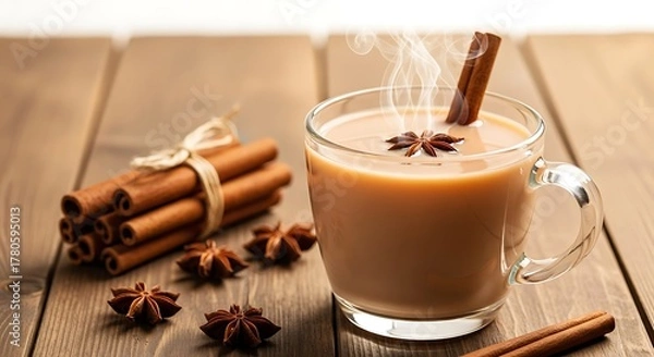 Fototapeta Steaming cup of chai tea with cinnamon stick and star anise on a wooden table