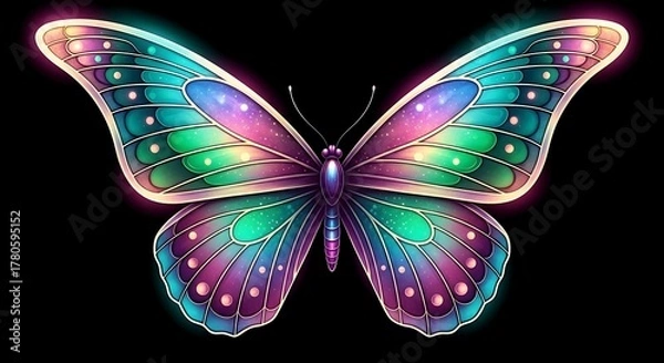 Fototapeta A vibrant and luminous butterfly with iridescent wings, detailed patterns, and a magical glow