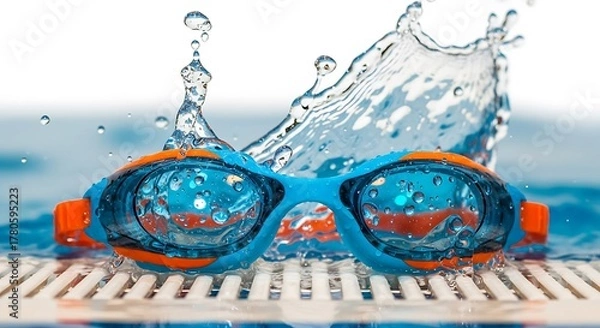 Fototapeta Swimming goggles with water splashes in a pool, isolated on white background