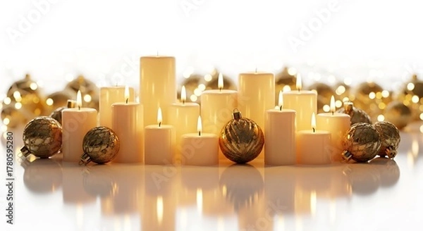 Fototapeta A row of lit candles and golden christmas ornaments isolated on white background