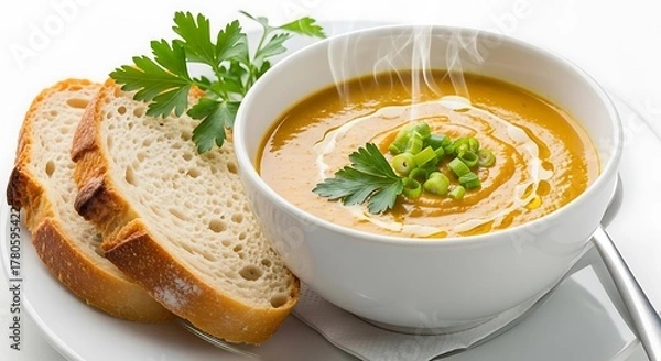 Fototapeta Steaming bowl of hearty vegetable soup garnished with fresh parsley and served with crusty bread slices
