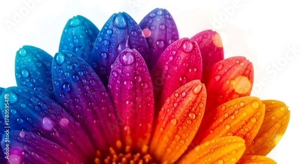Fototapeta Closeup of a flower with petals in a rainbow gradient, covered in water droplets, isolated on white background