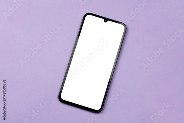 Fototapeta Smartphone with white screen on purple background. Purple concept. White screen concept.