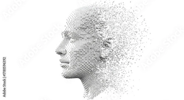 Fototapeta Abstract 3d render of a human head dissolving into digital particles